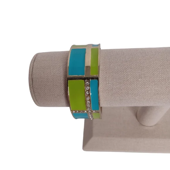 VINTAGE ENAMEL HINGED BANGLE BRACELET PLAID COLOR BLOCK DESIGN‎    GREEN & BLUE - Picture 3 of 8